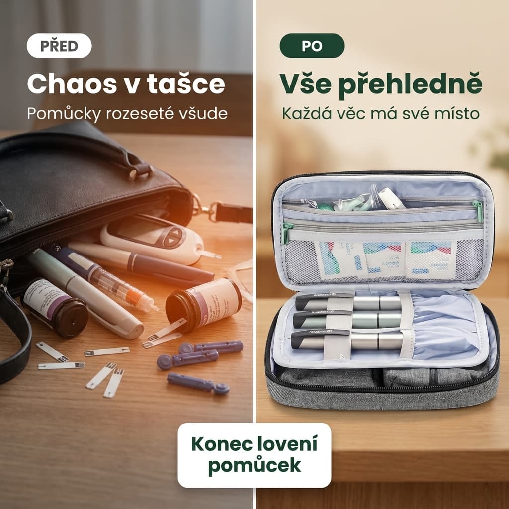 Pouzdro na diabetické pomůcky před a po – konec chaosu v tašce